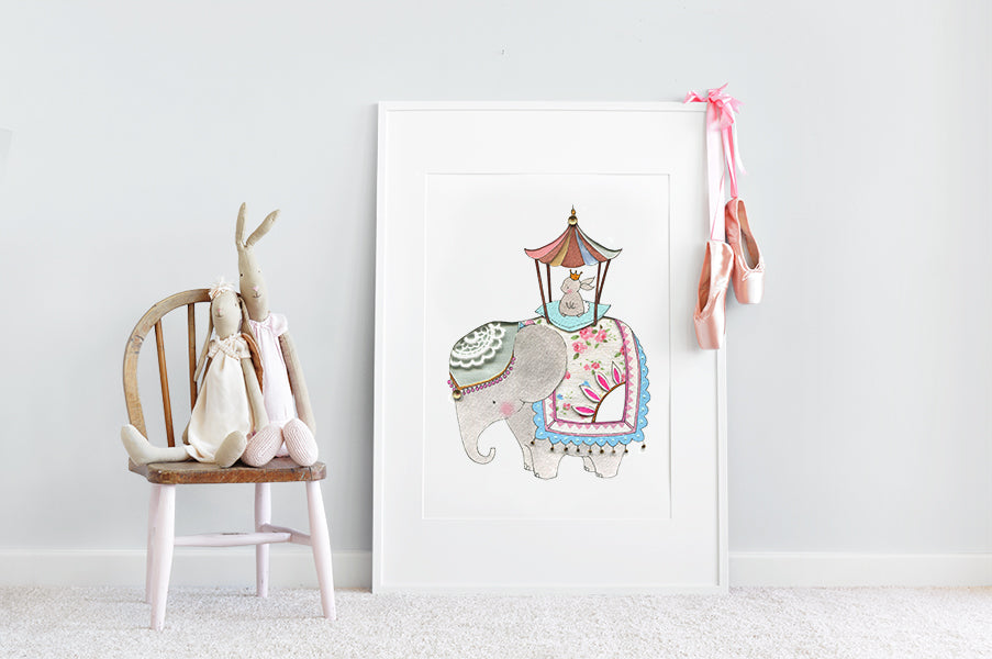 Girl s Royal Elephant and Rabbit Big Wall Print daisyandbump