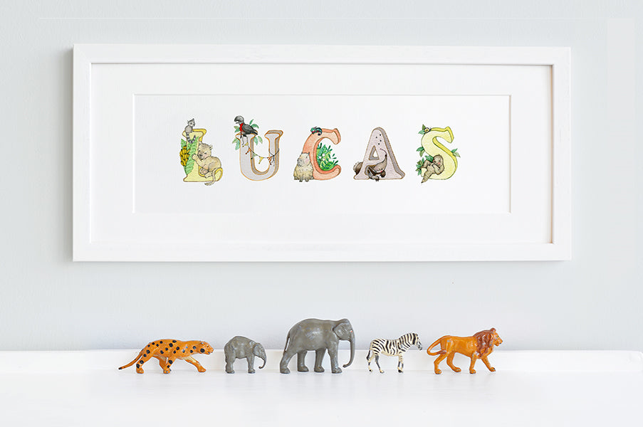 Kid's Personalised Bright Jungle Name Framed Print - daisyandbump